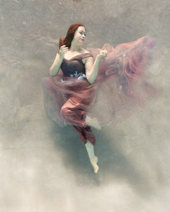 fine art shoot, underwater, purple dress, floating, grey background, underwater photoshoot